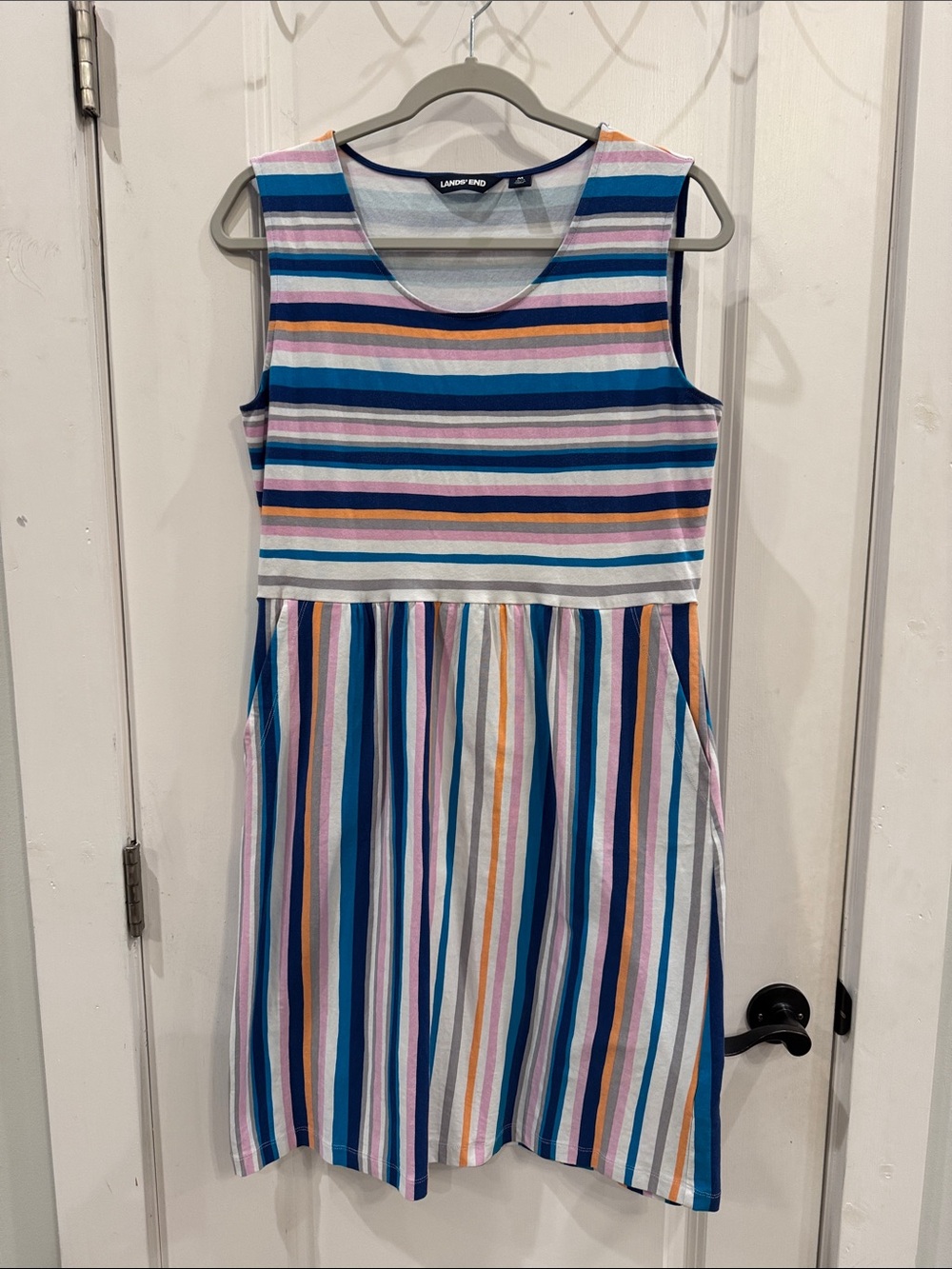 LANDS' END Multi Stripe Sleeveless Casual A-line Stretch Cotton Dress